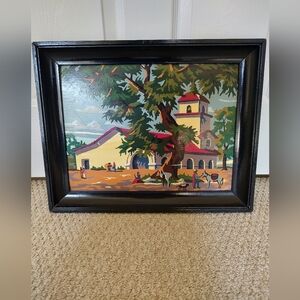 Vintage Framed Paint By Number Hacienda Mission Scene